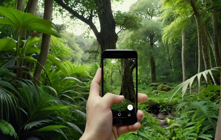 ** A person peacefully in nature, surrounded by green trees and plants, appearing calm and relaxed while disconnected from their phone. Focus on serenity and connection with the natural world.
**