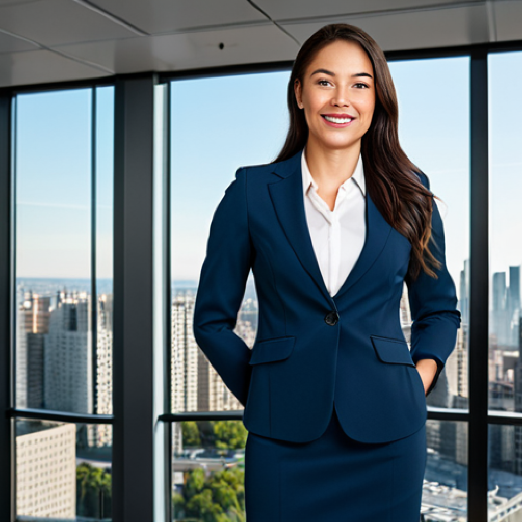 **

"A professional businesswoman in a modest business suit, standing confidently in a modern office with large windows overlooking a cityscape, fully clothed, appropriate attire, safe for work, perfect anatomy, natural proportions, professional photography, high quality, bright lighting, positive expression, family-friendly."

**