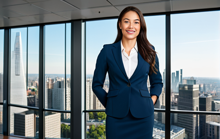 **

"A professional businesswoman in a modest business suit, standing confidently in a modern office with large windows overlooking a cityscape, fully clothed, appropriate attire, safe for work, perfect anatomy, natural proportions, professional photography, high quality, bright lighting, positive expression, family-friendly."

**