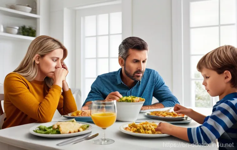 디지털디톡스와 사회적 압박 해소 - **Prompt 1: The Disconnected Dinner Table**
"A photorealistic, brightly lit indoor scene of a fa...