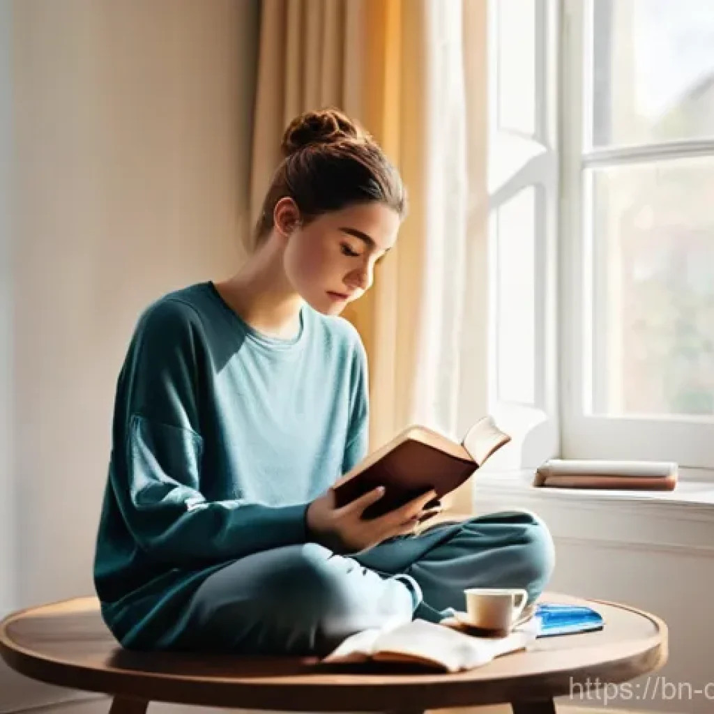 디지털디톡스 일상 속 실천법 - **A tranquil morning without screens.** A young adult, dressed in modest, comfortable loungewear (su...