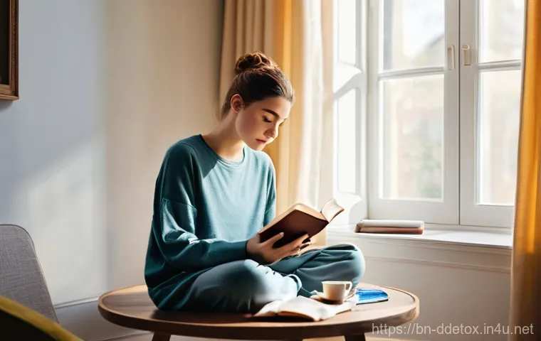디지털디톡스 일상 속 실천법 - **A tranquil morning without screens.** A young adult, dressed in modest, comfortable loungewear (su...