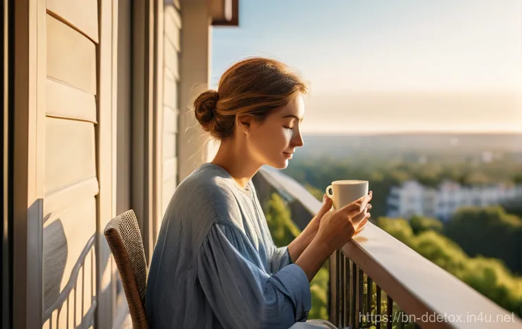 디지털디톡스 방법 - **Morning Serenity: A Screen-Free Start**
    A serene and peaceful morning scene. An adult individu...