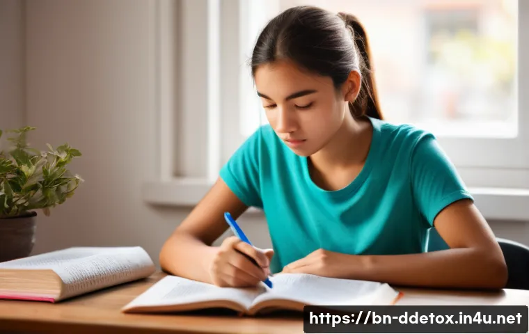 디지털디톡스와 휴대폰 없이 학습하기 - **A Focused Study Session with Minimal Distraction:**
    A young female student (around 16-18 years...