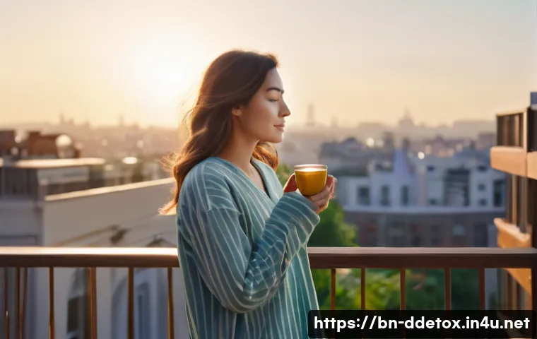 디지털디톡스와 명상하는 법 - **Prompt:** A person in their late 20s or early 30s, gender-neutral, stands on a sunlit balcony in t...