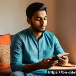Home 22 디지털디톡스와 청소년들에게 주는 영향 - A young Bengali man sitting peacefully in a cozy, sunlit room, gently putting away his smartphone to...