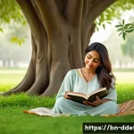 Home 21 디지털디톡스 자연과의 연결 - A peaceful Bengali woman sitting under a large lush green tree in a serene park, wearing modest comf...