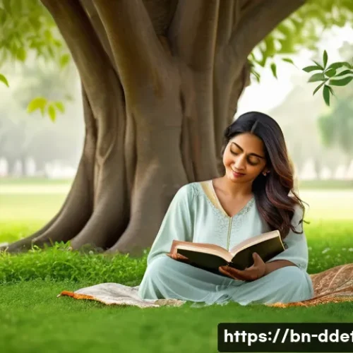 Home 33 디지털디톡스 자연과의 연결 - A peaceful Bengali woman sitting under a large lush green tree in a serene park, wearing modest comf...