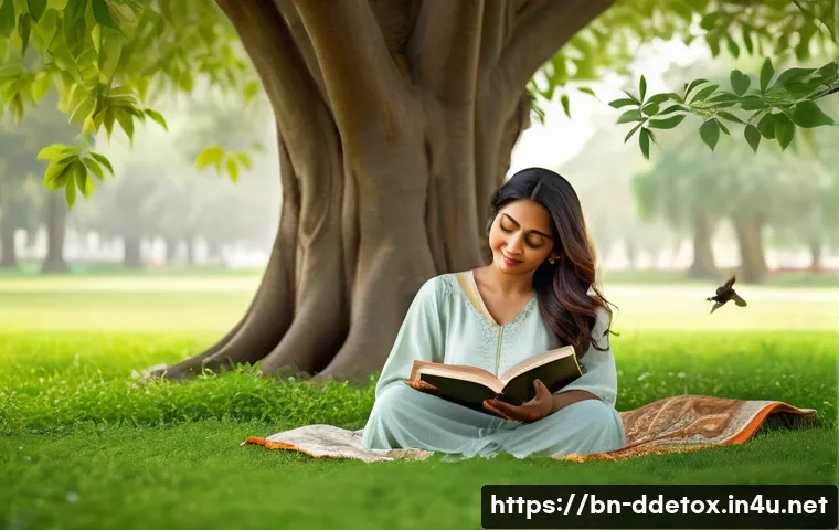 디지털디톡스 자연과의 연결 - A peaceful Bengali woman sitting under a large lush green tree in a serene park, wearing modest comf...