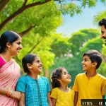Home 20 디지털디톡스와 청소년 디지털 중독 - A warm and inviting family scene outdoors in a lush green park under a clear blue sky, a Bengali fam...