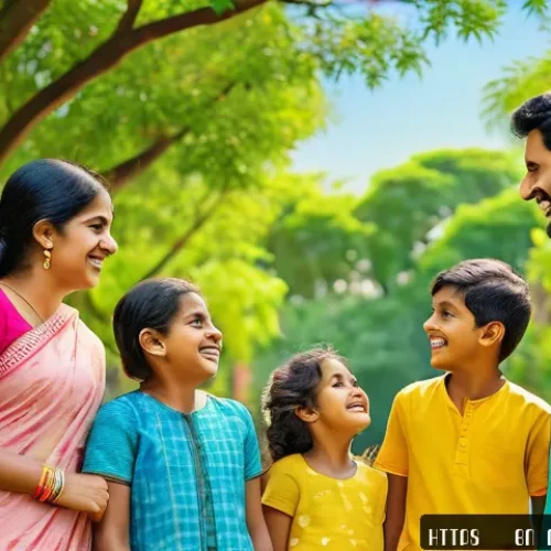 Home 32 디지털디톡스와 청소년 디지털 중독 - A warm and inviting family scene outdoors in a lush green park under a clear blue sky, a Bengali fam...