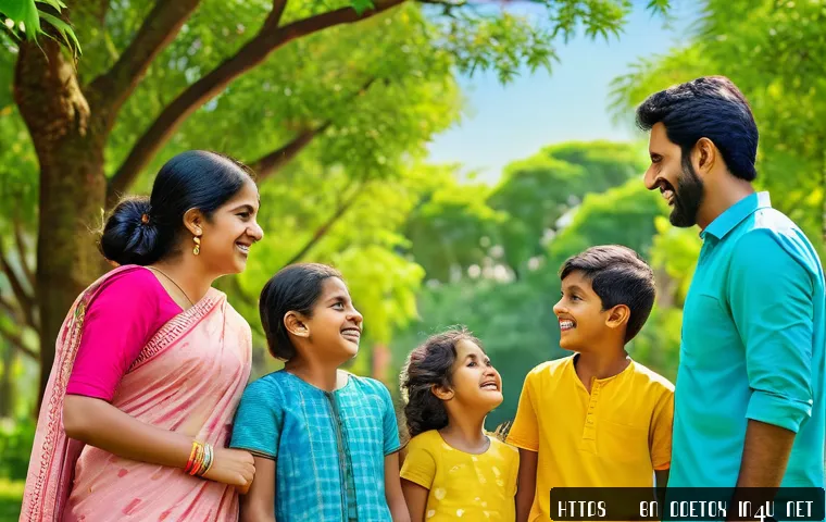 디지털디톡스와 청소년 디지털 중독 - A warm and inviting family scene outdoors in a lush green park under a clear blue sky, a Bengali fam...