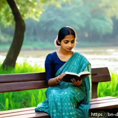 Home 31 디지털디톡스와 내면의 평화 찾기 - A peaceful Bengali woman in her mid-30s sitting on a wooden bench in a lush green park by a riverban...