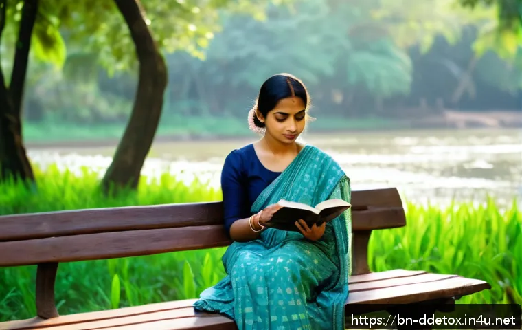 디지털디톡스와 내면의 평화 찾기 - A peaceful Bengali woman in her mid-30s sitting on a wooden bench in a lush green park by a riverban...