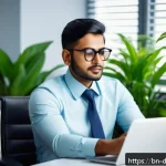 Home 18 디지털디톡스와 직장 내 효율성 - A professional Bengali office worker taking a short break from computer work, sitting comfortably in...