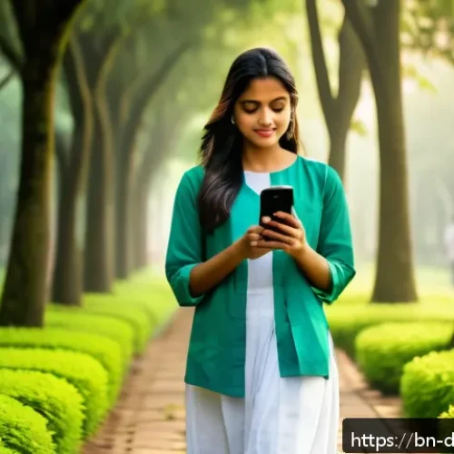 Home 17 디지털디톡스와 디지털 힐링 - A serene park scene in Bangladesh during early morning, featuring a young Bengali woman wearing casu...