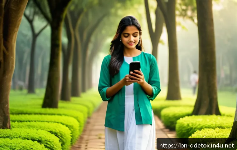 디지털디톡스와 디지털 힐링 - A serene park scene in Bangladesh during early morning, featuring a young Bengali woman wearing casu...