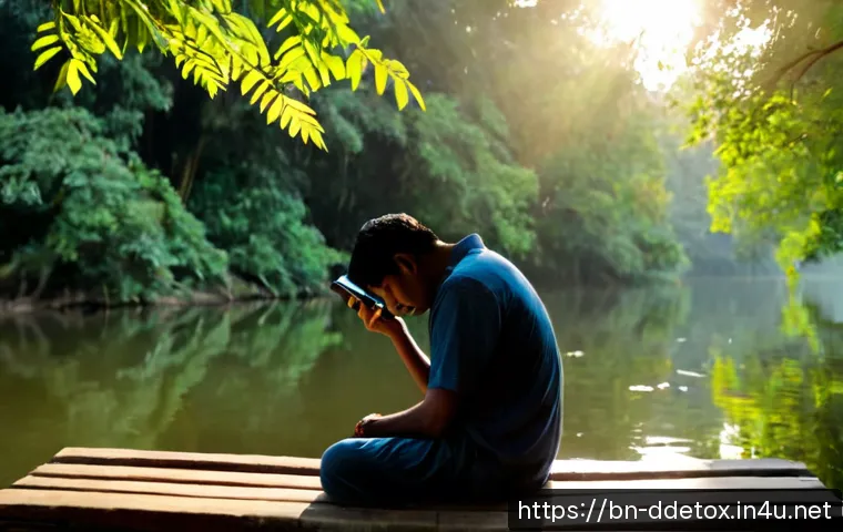 디지털디톡스와 자연 속에서의 회복 - Photorealistic peaceful morning scene in a lush riverside forest, a Bengali adult sitting on a woode...