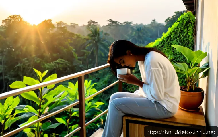 디지털디톡스와 나만의 시간 만들기 - Photorealistic serene morning scene of a Bengali woman in modest casual clothing sitting alone on a ...